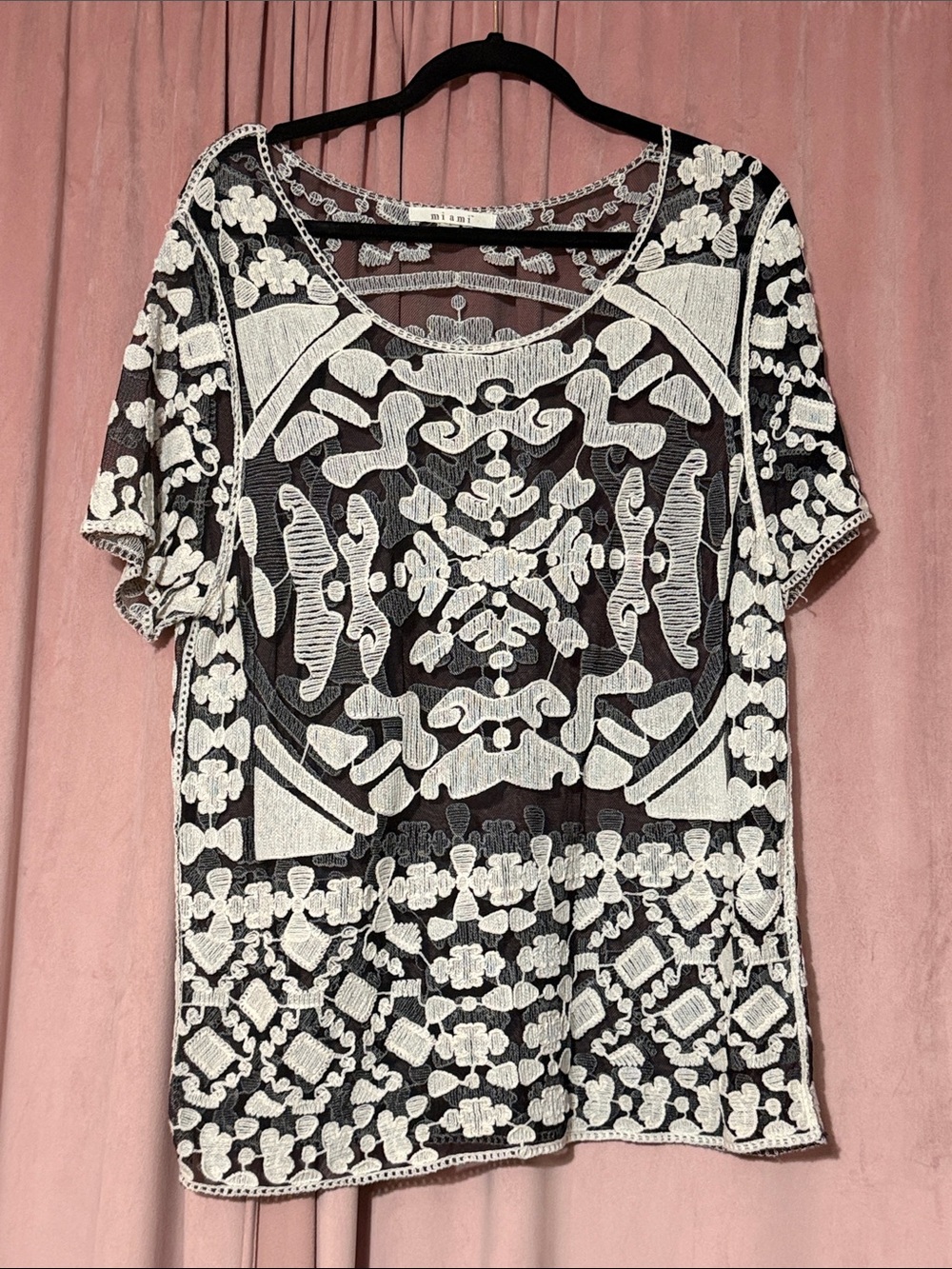 miami Black Sheer Short Sleeve Tee with White Embroidered Motifs